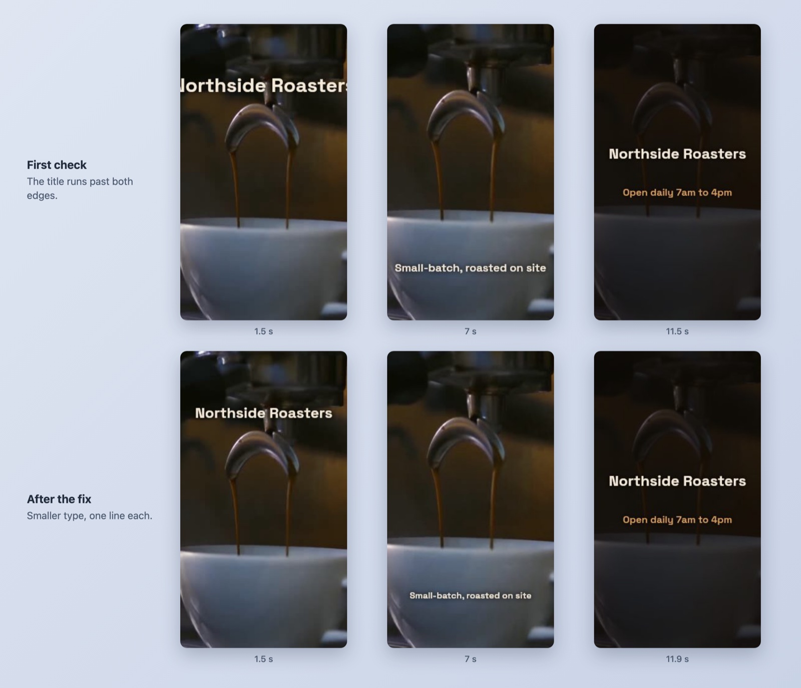 Six vertical frames of the coffee promo. In the top row the title Northside Roasters runs past both edges. In the bottom row it fits on one line.