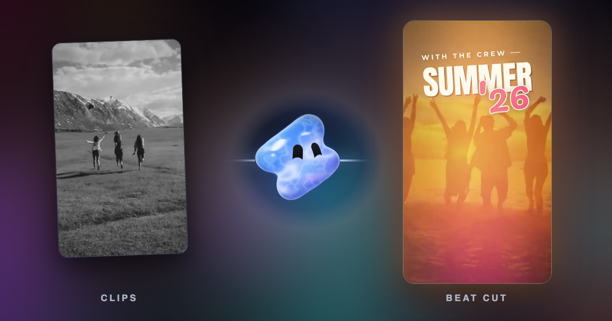 A plain clip of three friends running across a green field beside the title frame of a summer montage cut on the beat