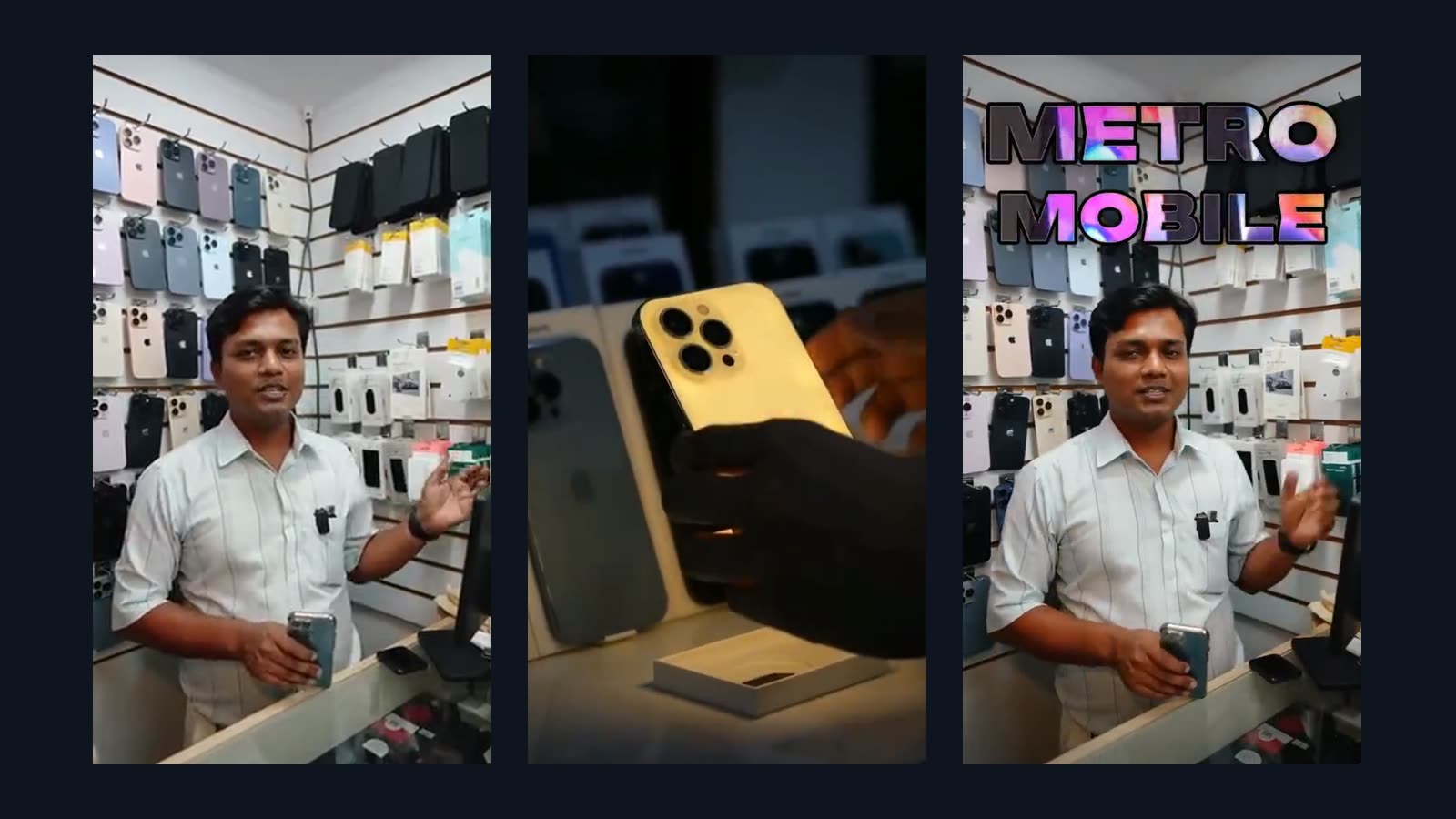 A raw phone clip of a shop owner talking, a close shot of a gold phone in a gloved hand, and the talking shot again with the title METRO MOBILE