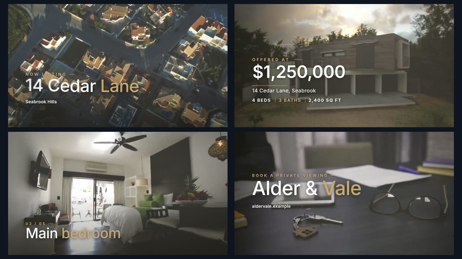 Four frames of a listing video: an aerial with the address 14 Cedar Lane, the house with the price $1,250,000 and 4 beds, 3 baths, a bedroom titled Main bedroom, and an end card for Alder and Vale