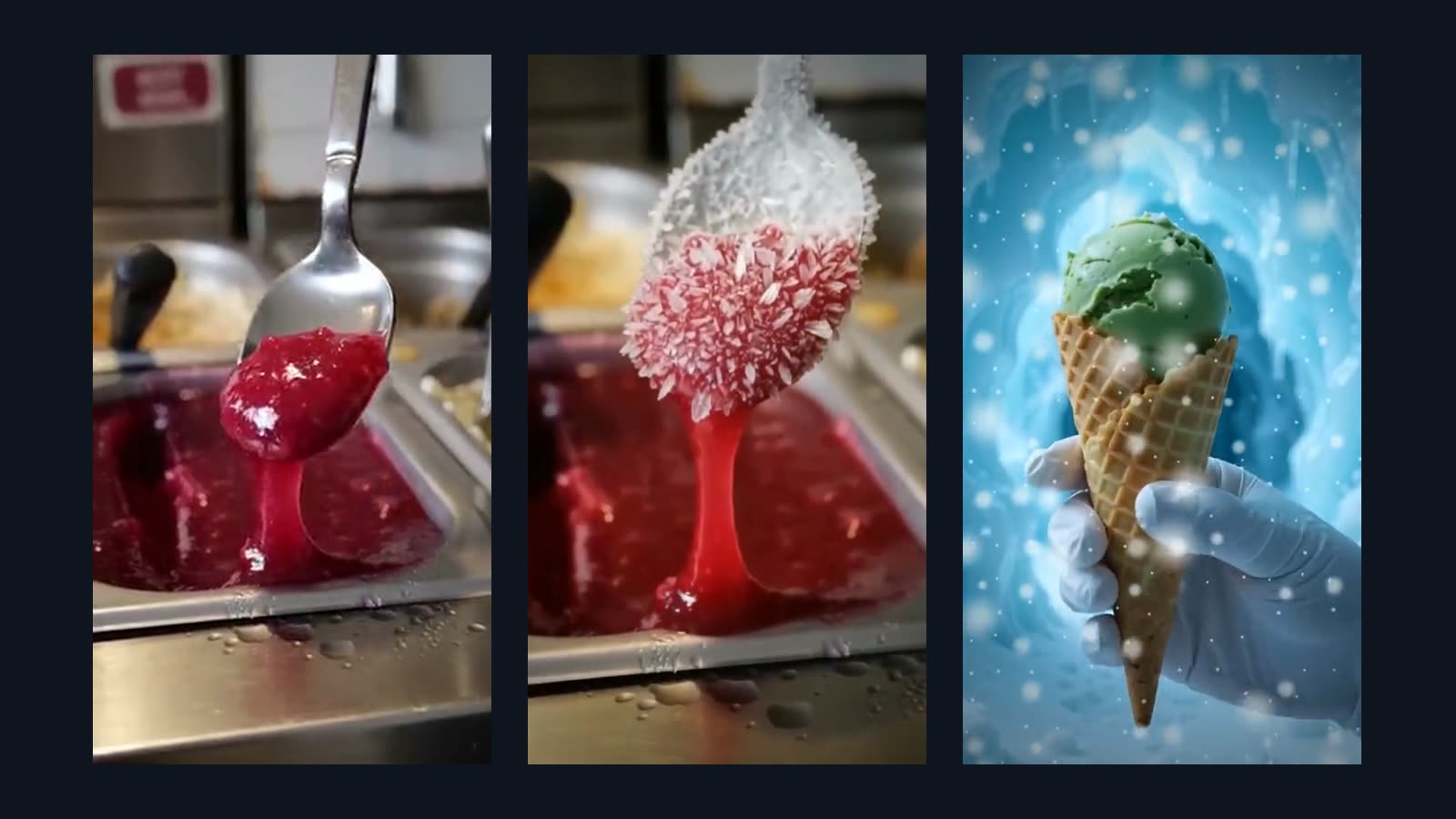 A raw phone clip of a spoon lifting berry sauce, the same sauce frozen into frost in the edit, and a green scoop in a cone inside an ice cave