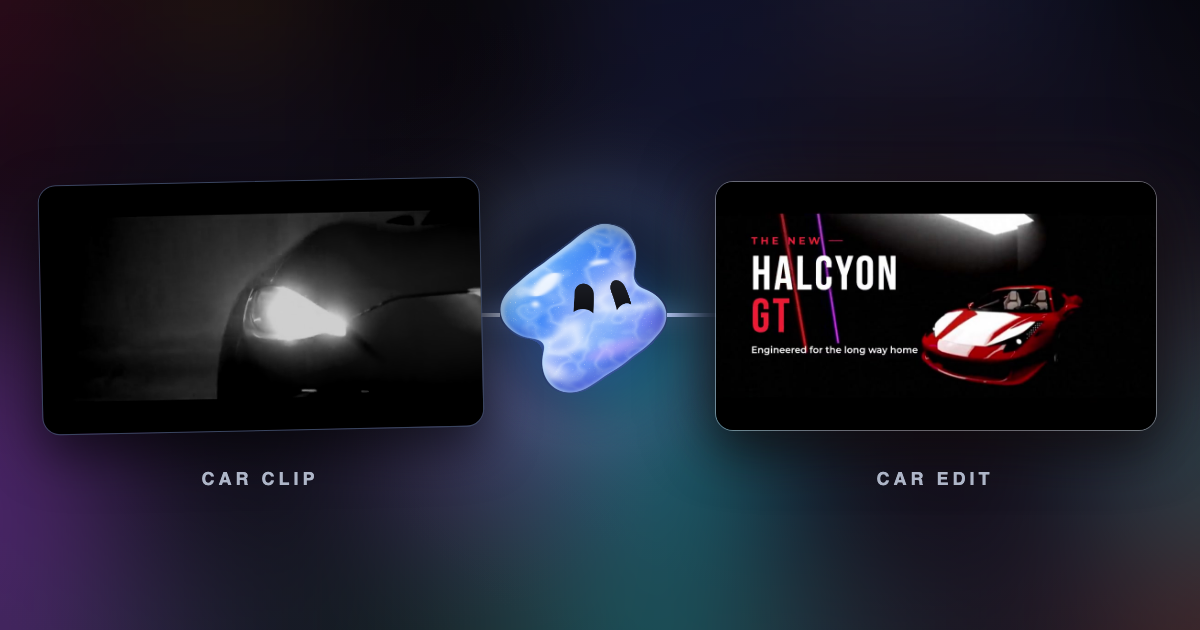 A headlight close-up of a car in grey beside a frame of the finished car commercial with the title Halcyon GT next to a red sports car