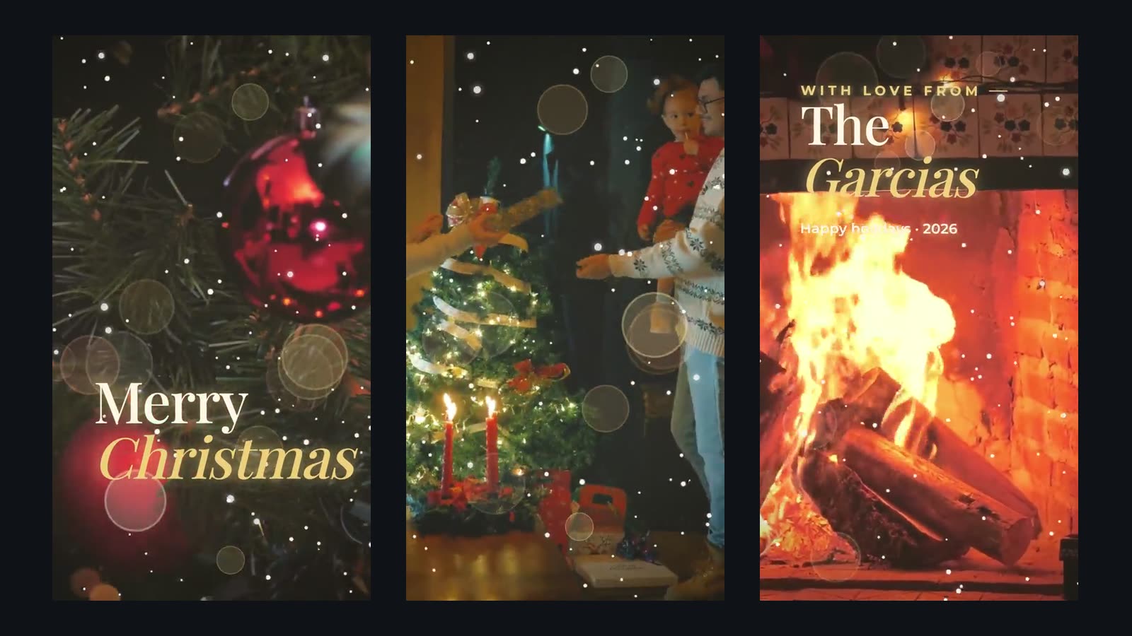 Three frames of a Vidova Christmas edit: Merry Christmas in a gold serif over a tree, a family decorating a tree with candles, and WITH LOVE FROM The Garcias over a fireplace