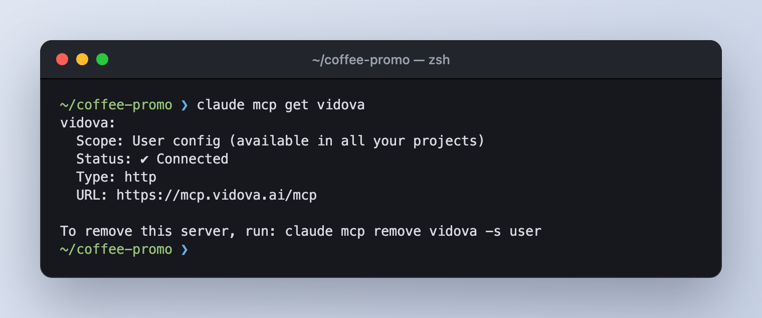 Terminal output of claude mcp get vidova showing a connected HTTP server at https://mcp.vidova.ai/mcp.