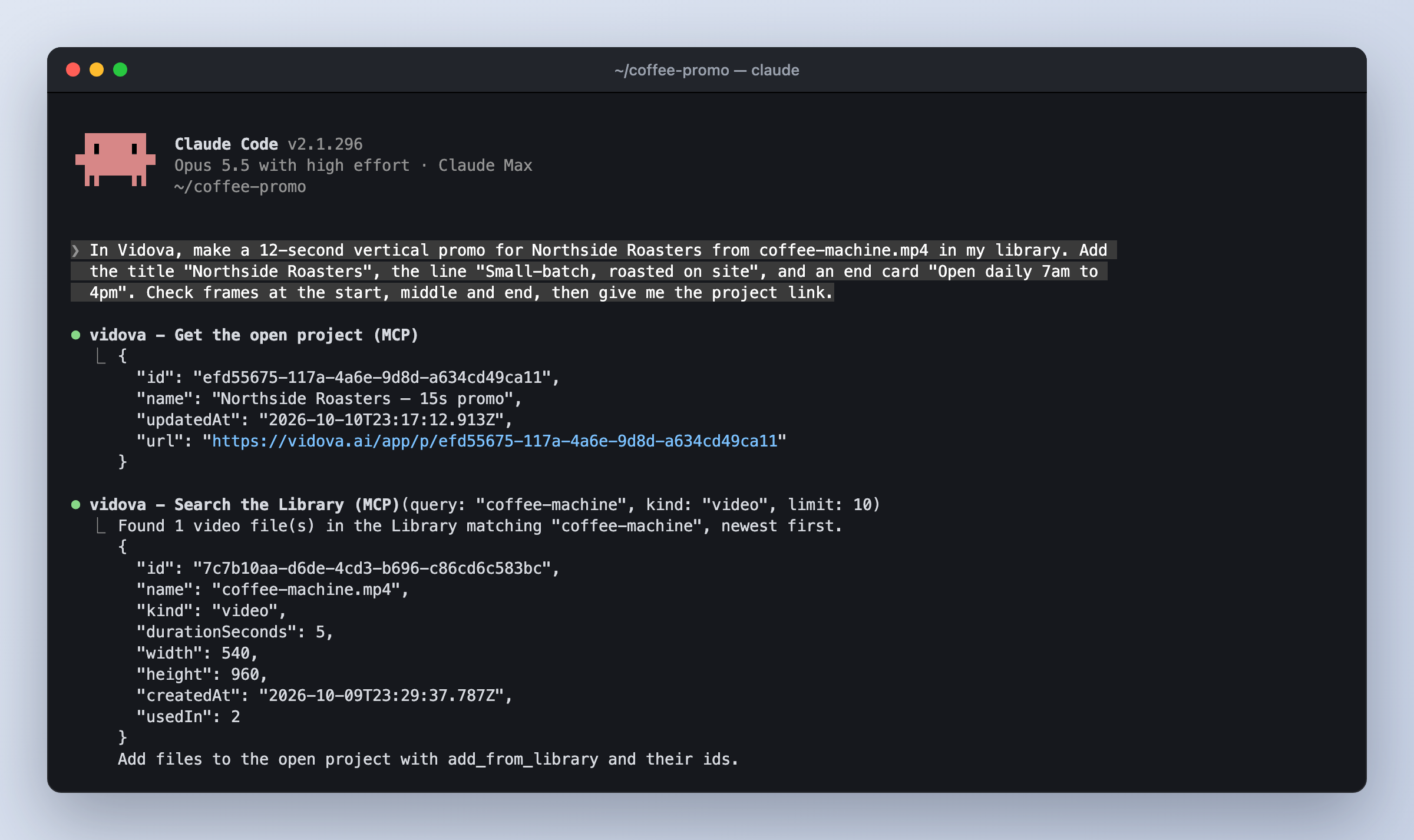 Claude Code transcript with Vidova tool calls: get the open project, search the Library for coffee-machine, and search edit templates for promo.
