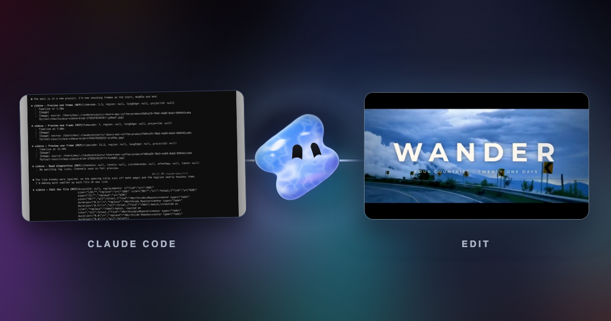 A Claude Code terminal calling Vidova's preview and edit tools beside a frame of a finished travel edit with the title Wander over a mountain road