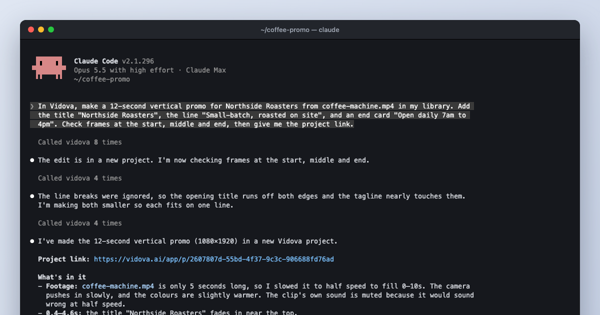 Claude Code in a terminal, building a vertical coffee shop promo with the Vidova MCP server.