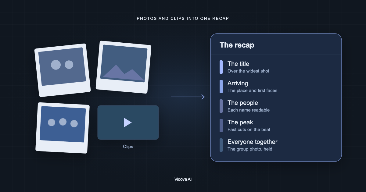 Diagram: printed photos and video clips become a recap with five parts: the title, arriving, the people, the peak and everyone together.