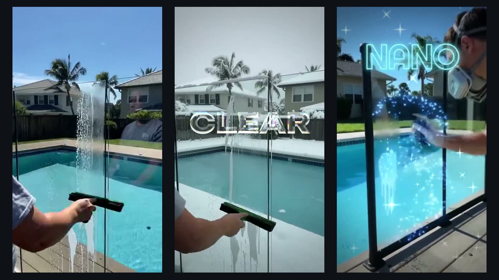 Three vertical frames by a pool: a man pulling a squeegee across a glass fence on a sunny day, the same stroke with snow on the palms and the deck behind the glass, and a spray bottle whose spray is glowing blue particles