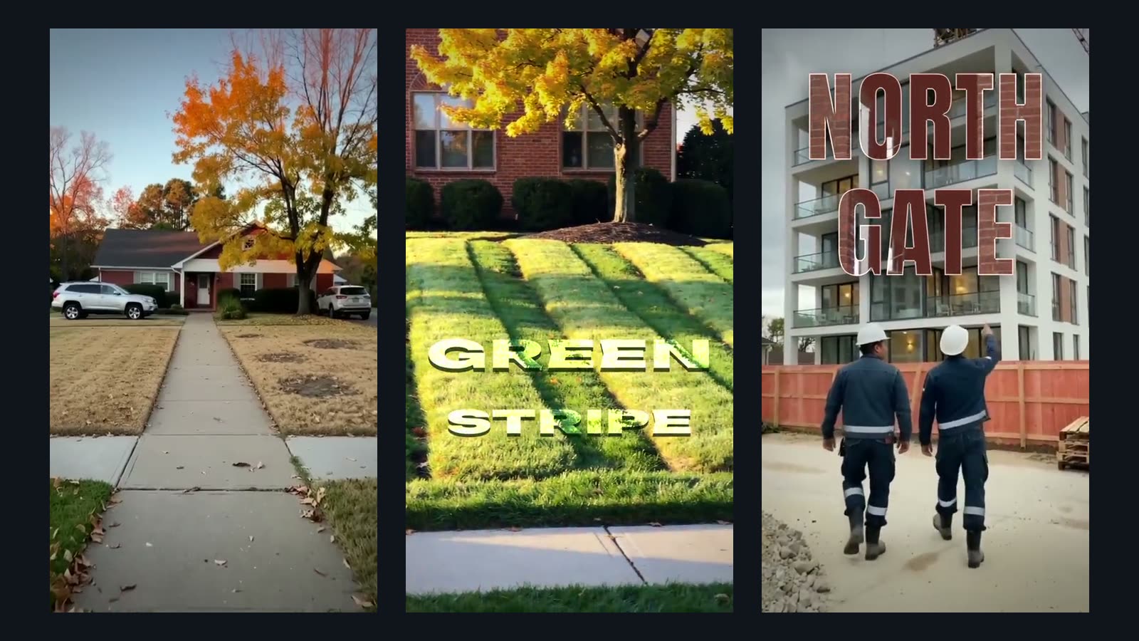 Three frames side by side: a dry lawn with a path, a lawn mowed into green stripes under the title GREEN STRIPE, and two workers in hard hats walking toward a finished building under the title NORTH GATE