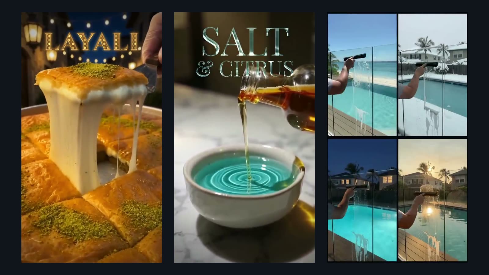 Three frames side by side: a square of kunafa lifted with a long cheese pull under the title LAYALI, oil poured into a bowl of turquoise liquid under the title SALT & CITRUS, and a 2 × 2 grid of the same squeegee stroke on pool glass on a beach, in snow, at night and at sunset
