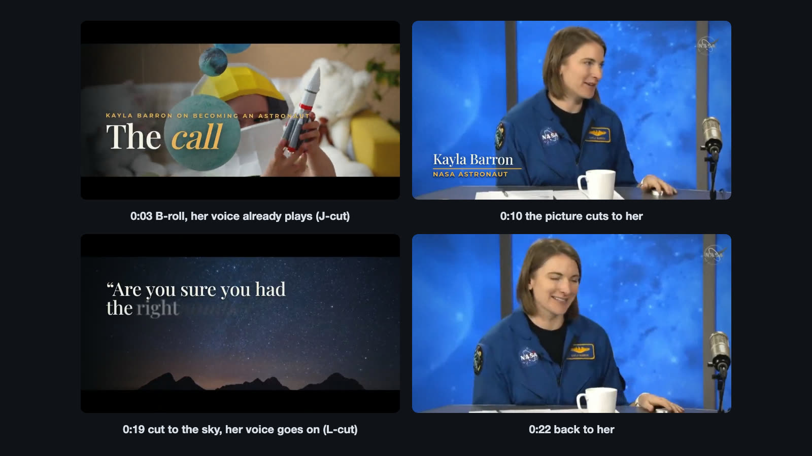 Four frames of a documentary edit: an opening B-roll shot titled The call, an astronaut in an interview with her name on screen, a night sky with a quote, and the interview again