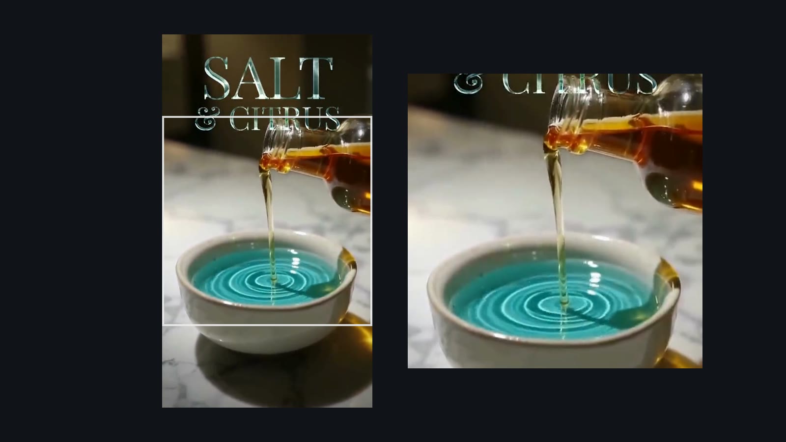 A frame from a Vidova spa ad shown twice. On the left, the full 9:16 frame with the name Salt and Citrus at the top and the middle square outlined in white. On the right, only the middle square: the bowl and the pouring oil remain, and the name is cut off.