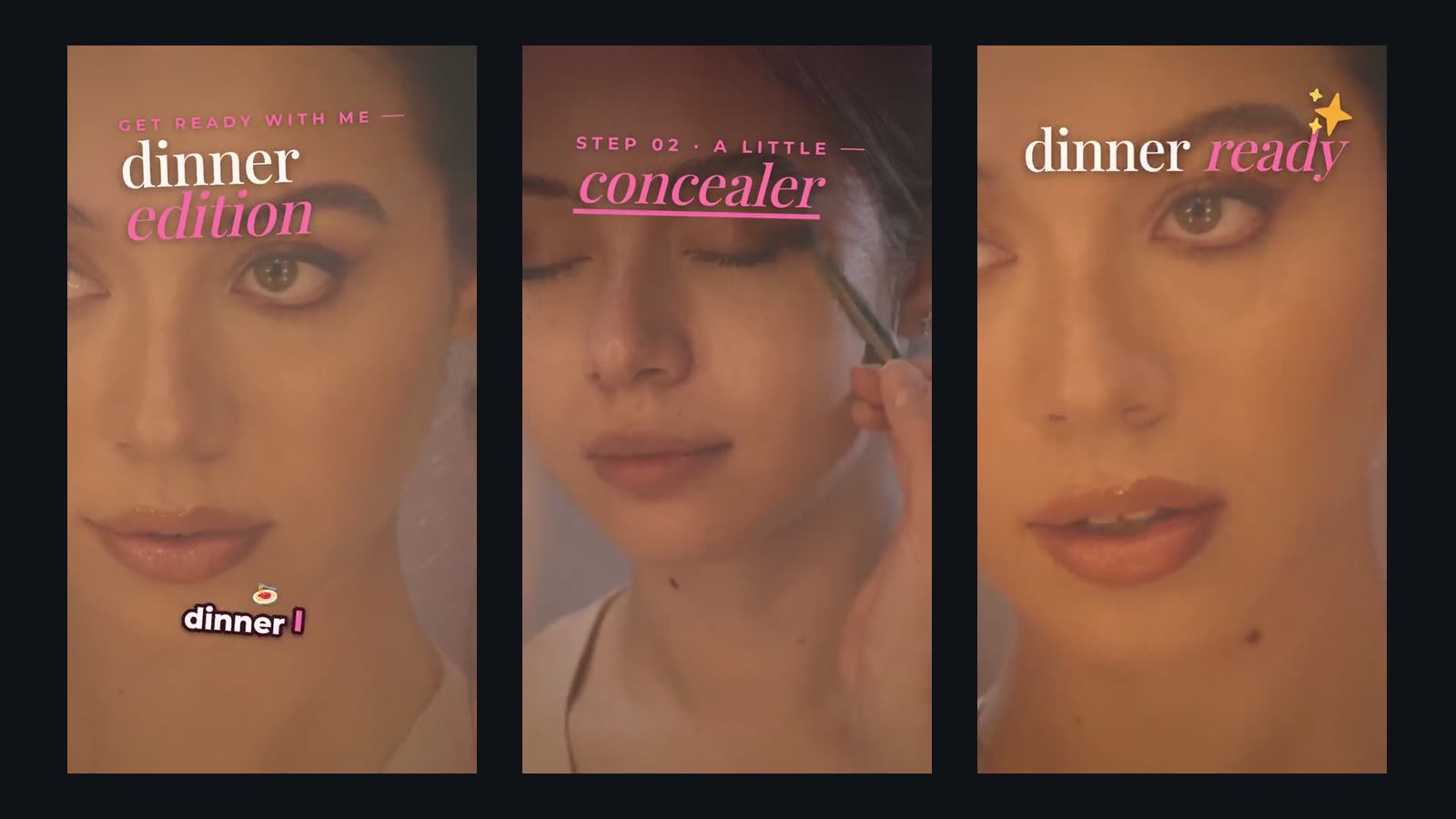 Three frames of a Vidova get-ready-with-me edit: a woman’s face with the title dinner edition, a brush at her eye with the label concealer, and the finished look with the words dinner ready