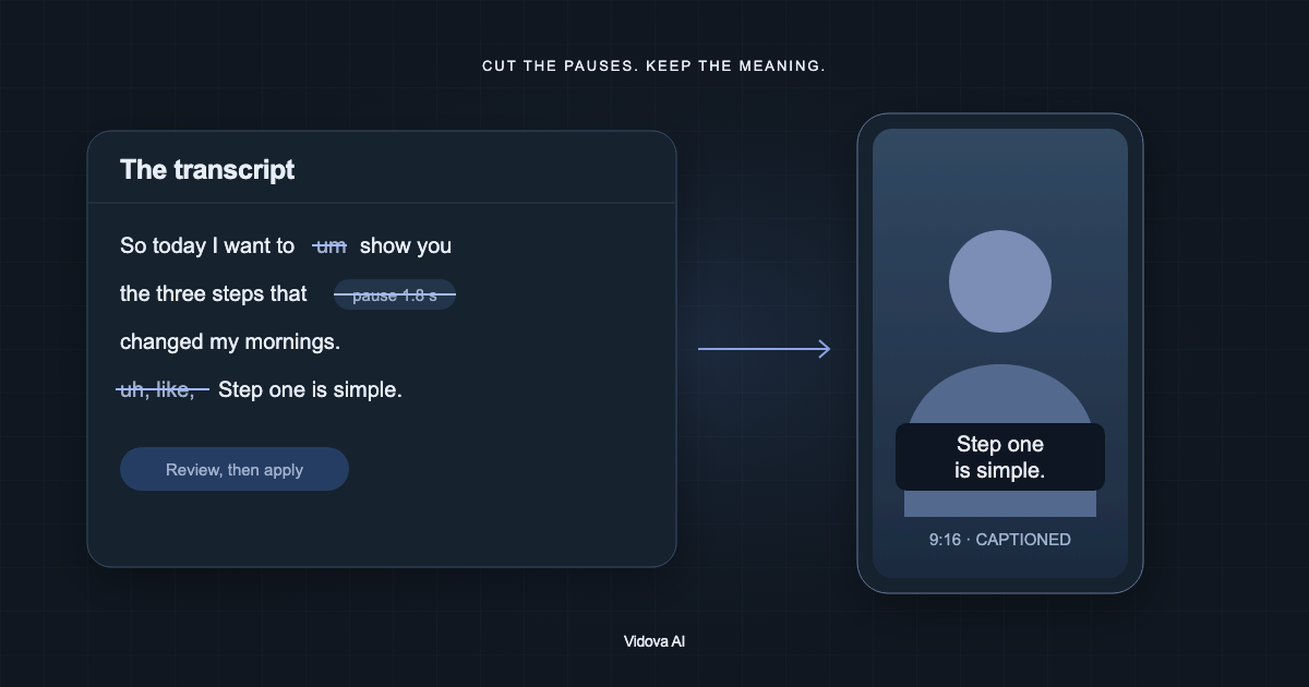 Diagram: a transcript with um, uh and a long pause struck out, next to a vertical video of a speaker with a caption under the chin.