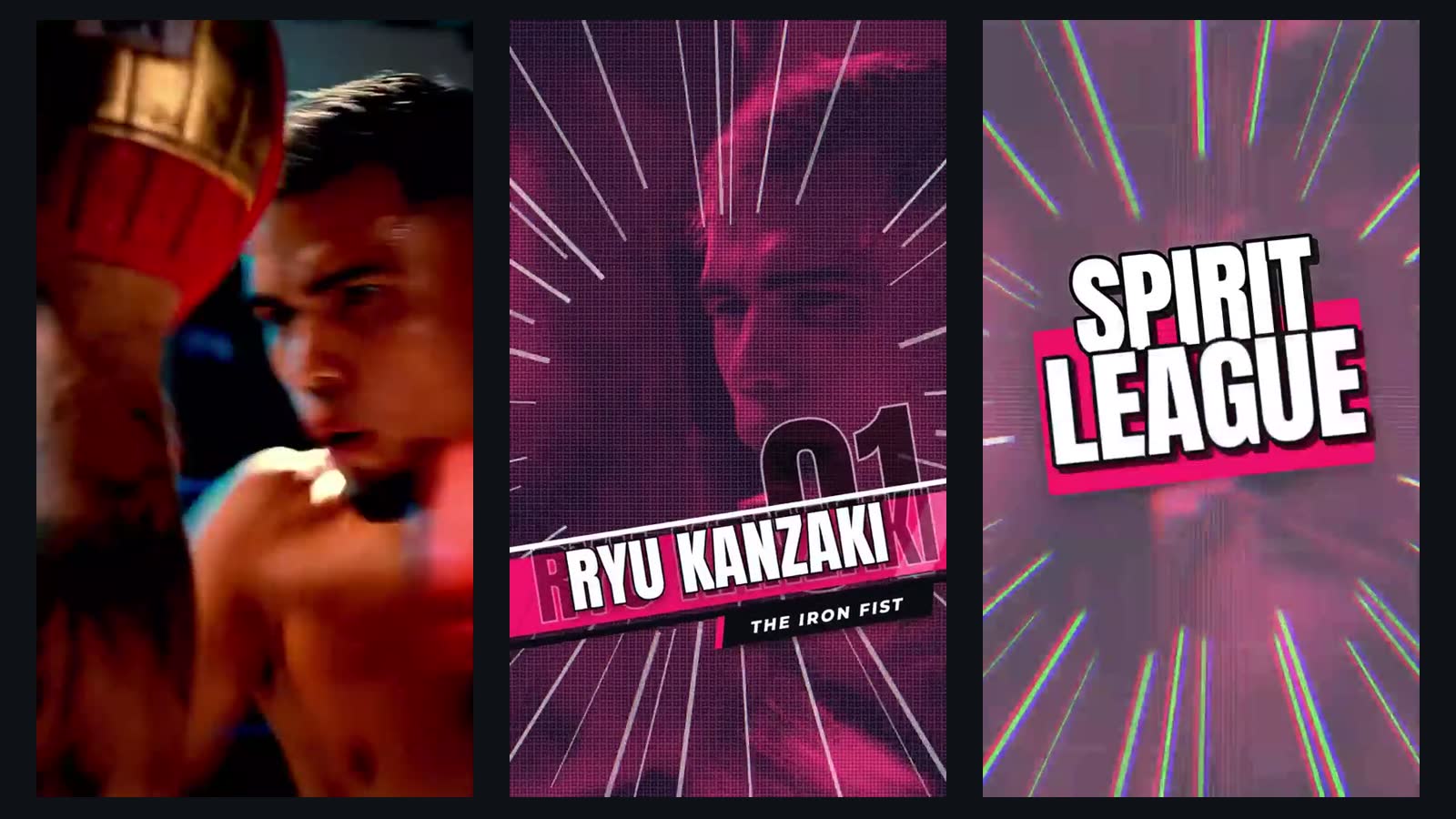 Three vertical frames: a boxer hitting a pad in a dark gym, the same fighter frozen in magenta with speed lines and the name card RYU KANZAKI, and the title SPIRIT LEAGUE over pink speed lines