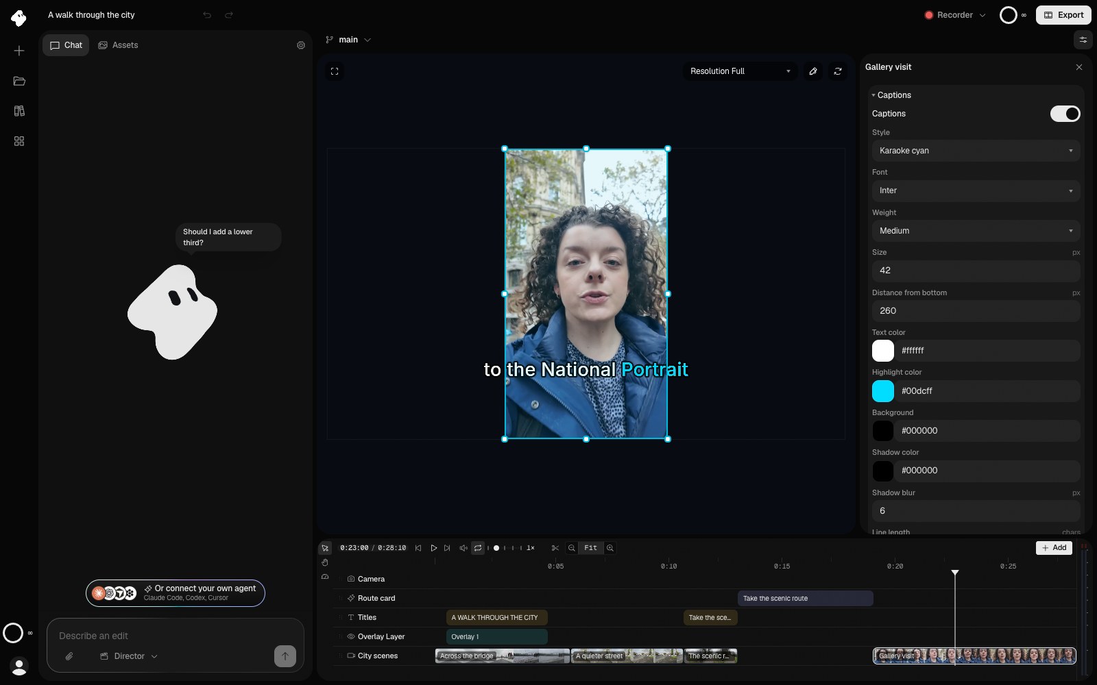 Vidova editor with a vertical clip selected and the Captions panel open: style Karaoke cyan, font Inter, size 42, distance from bottom 260, and text, highlight and background colors.