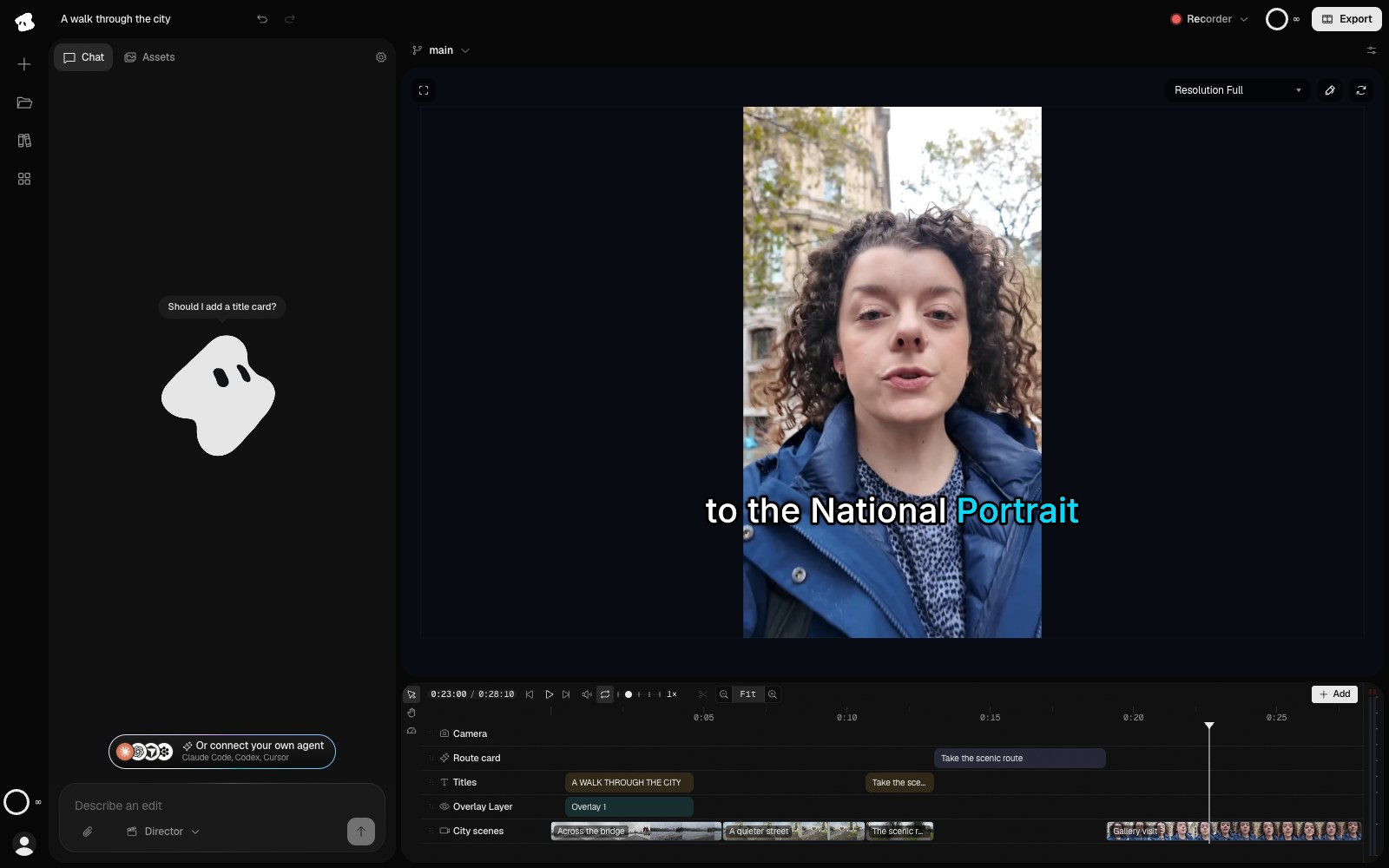 Vidova editor playing a vertical clip of a woman talking, with the caption to the National Portrait on screen and the word Portrait highlighted in cyan.
