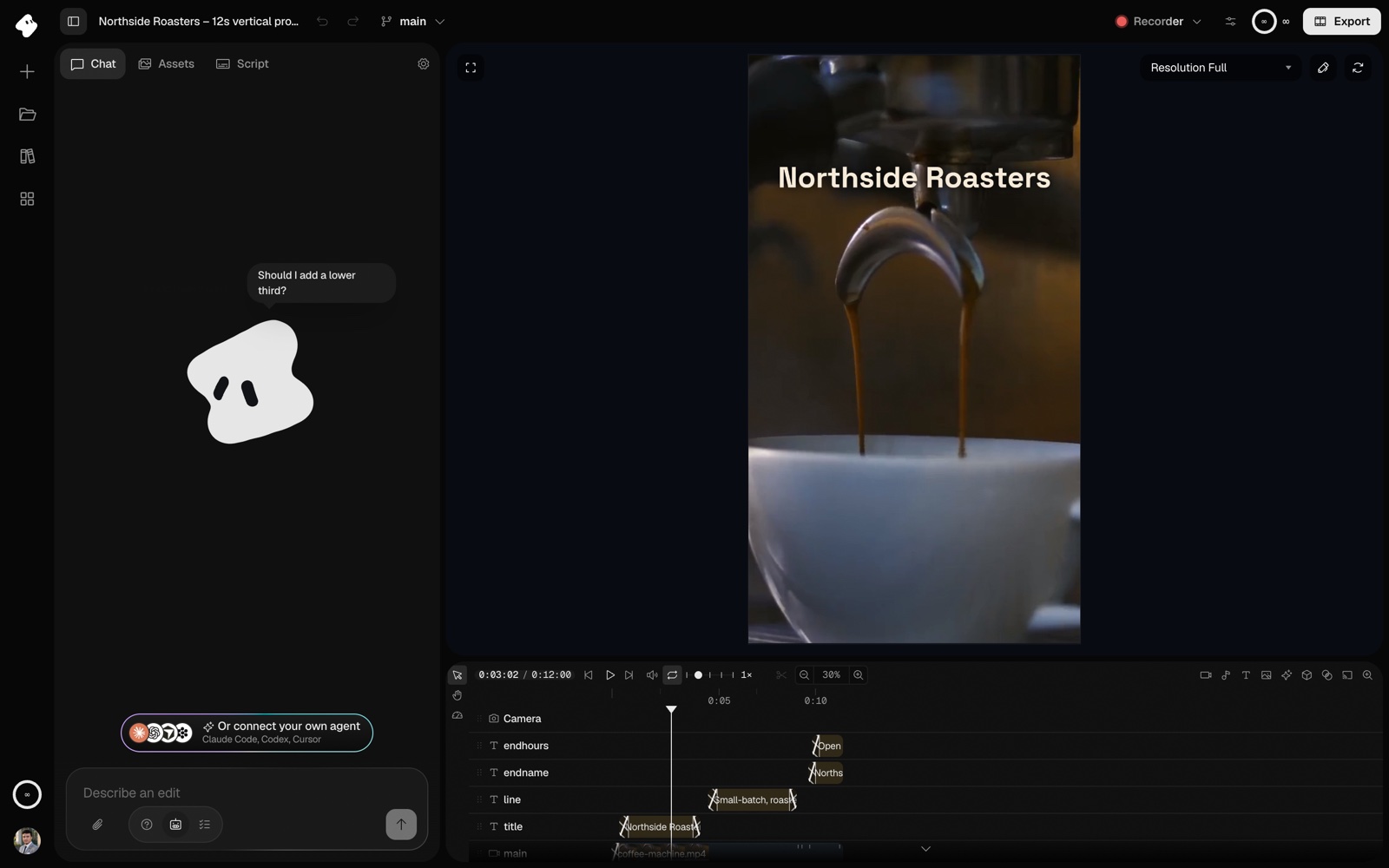 The Vidova web editor showing the Northside Roasters promo: chat panel, vertical preview with the title over the espresso shot, and a timeline with title, line, end card and video tracks.