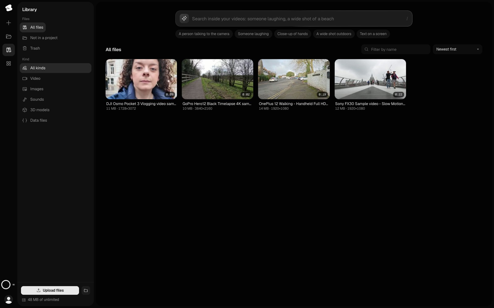 Vidova Library with an AI search box that reads Search inside your videos, example searches such as a person talking to the camera and a wide shot outdoors, and four uploaded videos.