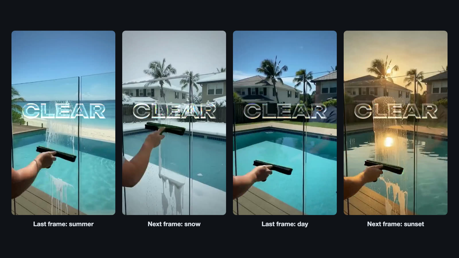 Four frames of a squeegee on a glass pool fence: a summer beach behind the glass, the same stroke with snow, a sunny garden, and the same stroke at sunset