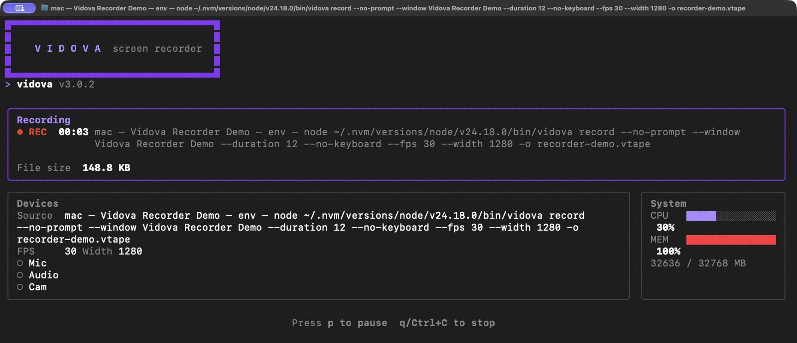 The Vidova CLI recording a terminal window, with the elapsed time, the file size, the devices and the pause and stop keys