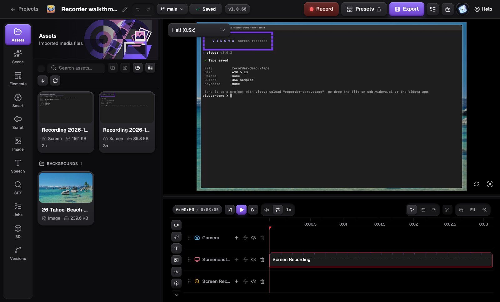 The Vidova editor with a new screen recording on the timeline and its camera, screen and zoom tracks