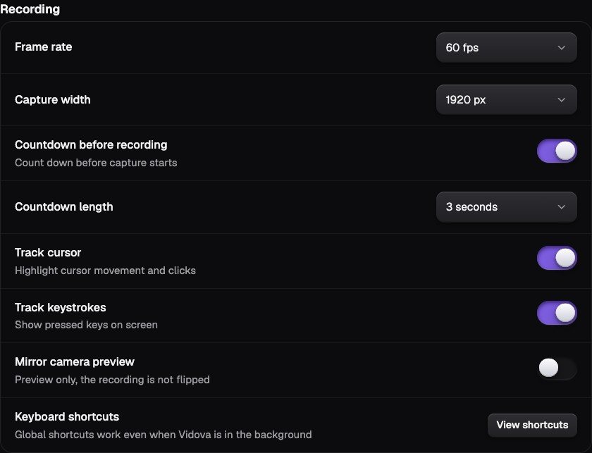 Recording settings with frame rate, capture width, countdown, cursor and key tracking, and camera mirroring